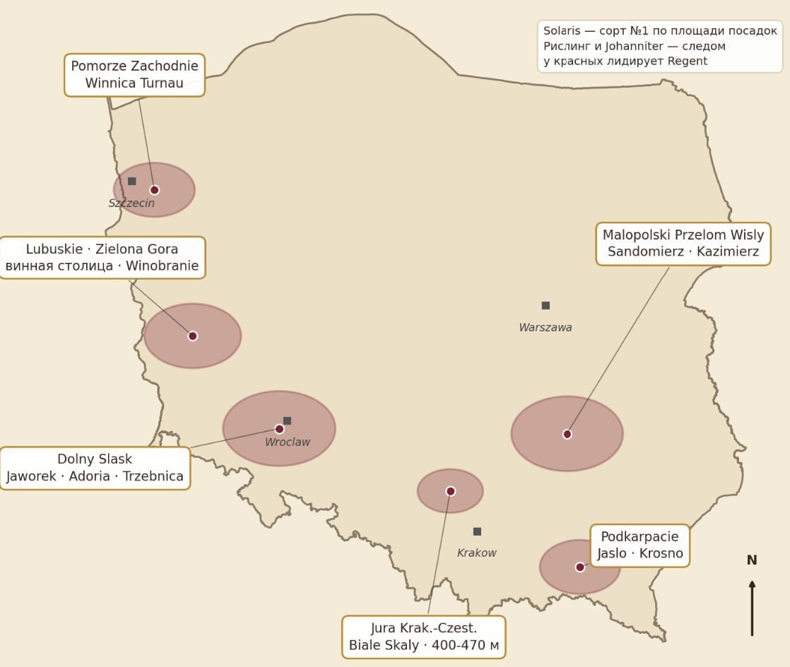 Карта винодельческих регионов Польши: Любушское воеводство, Нижняя Силезия, Малопольша, Подкарпатье
